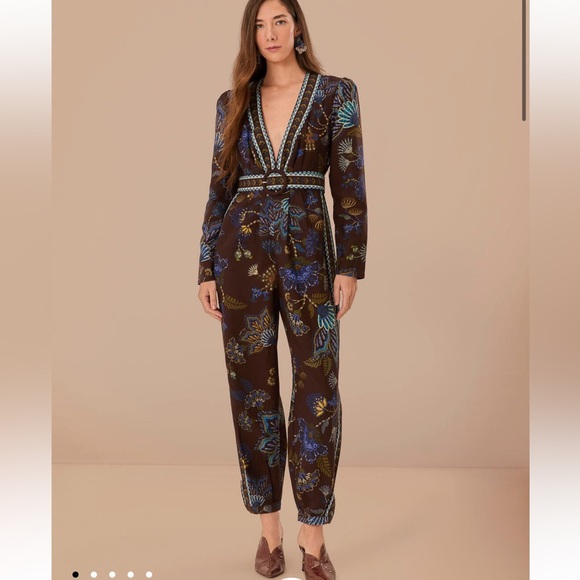 FARM RIO Embroidered Garden Brown V Neck Jumpsuit